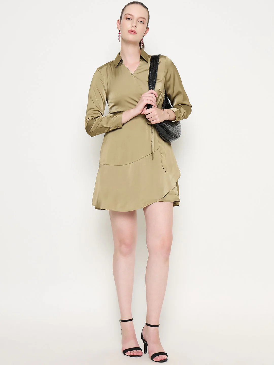 Madame Fabric Belted Cuff Sleeve Solid Green Satin Short Dress - Image 5