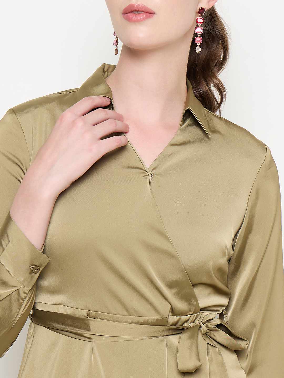 Madame Fabric Belted Cuff Sleeve Solid Green Satin Short Dress - Image 6