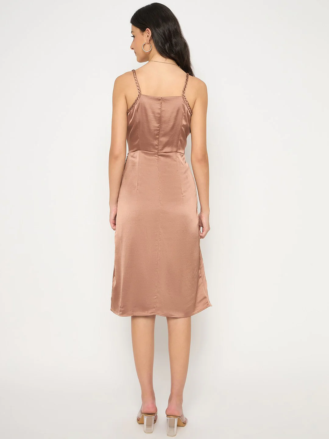 Madame Pleated Satin Light Brown Midi Dress - Image 4