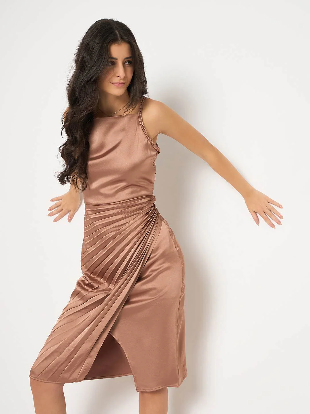 Madame Pleated Satin Light Brown Midi Dress - Image 6