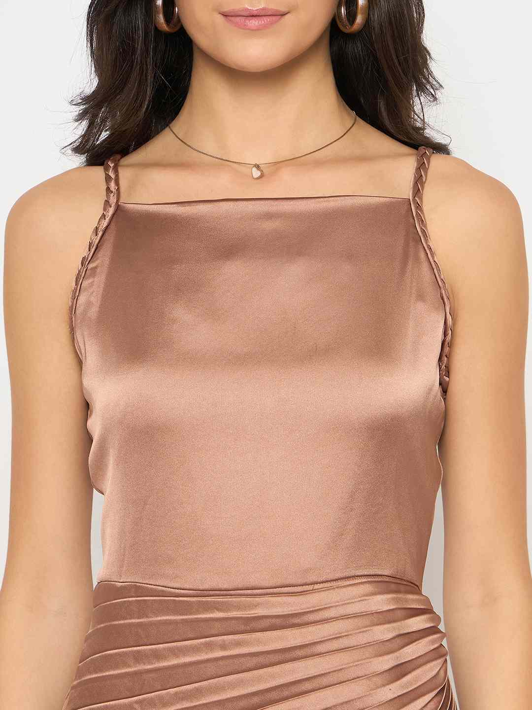 Madame Pleated Satin Light Brown Midi Dress - Image 7