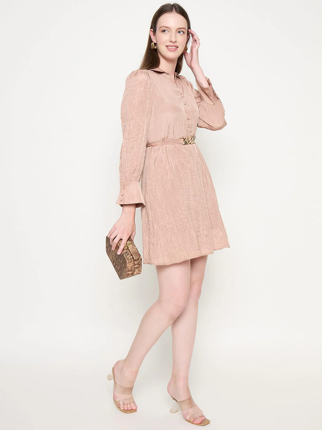 Madame Flounce Sleeved Belted Brown Mini Dress
