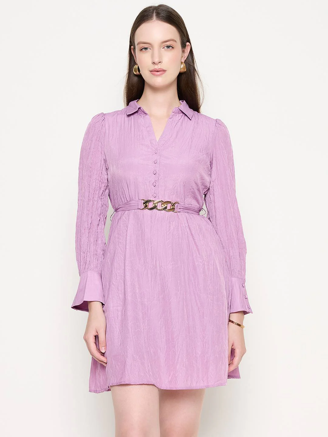Madame Flounce Sleeved Belted Mauve Mini Dress - Image 2