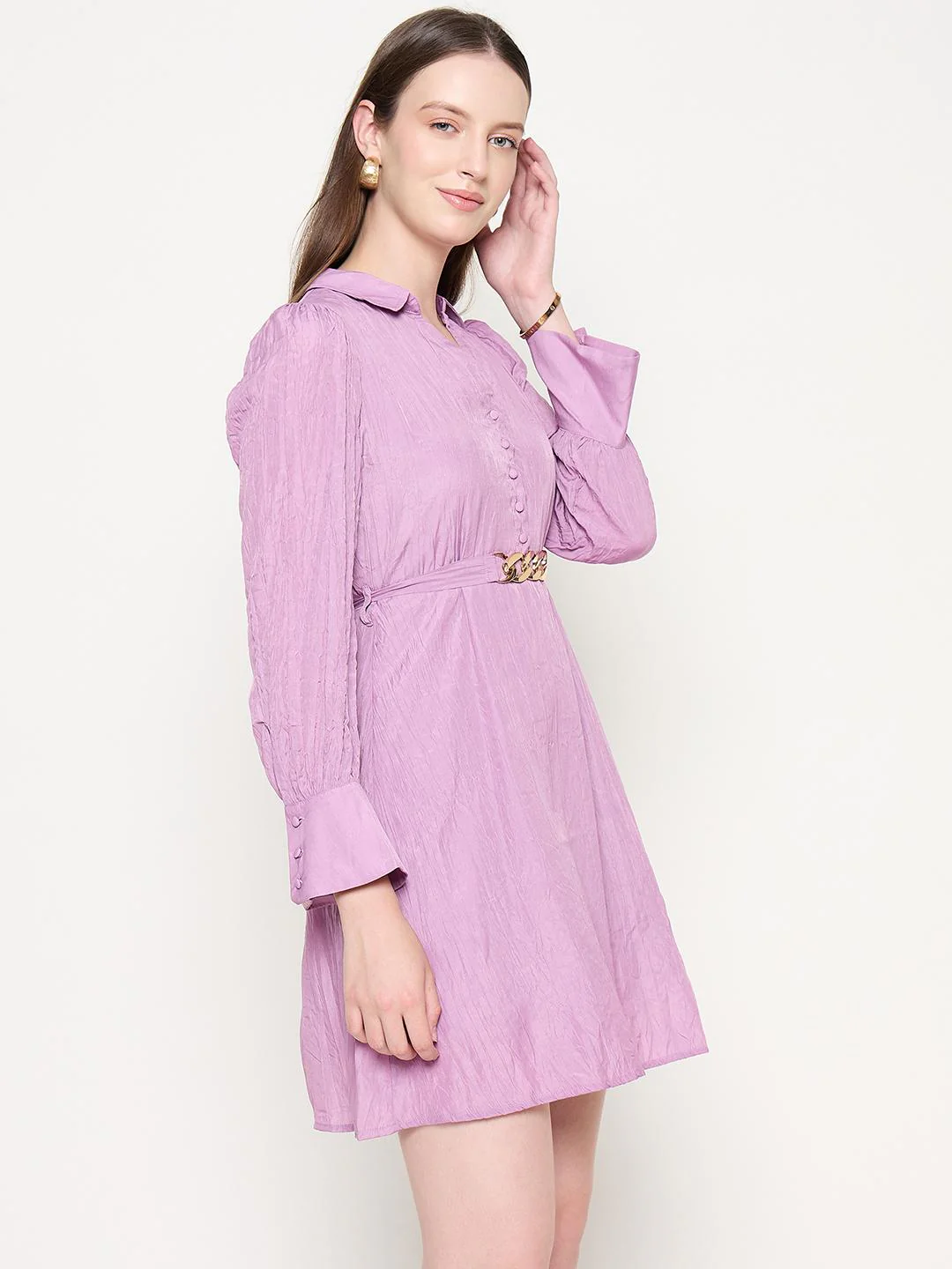 Madame Flounce Sleeved Belted Mauve Mini Dress - Image 3