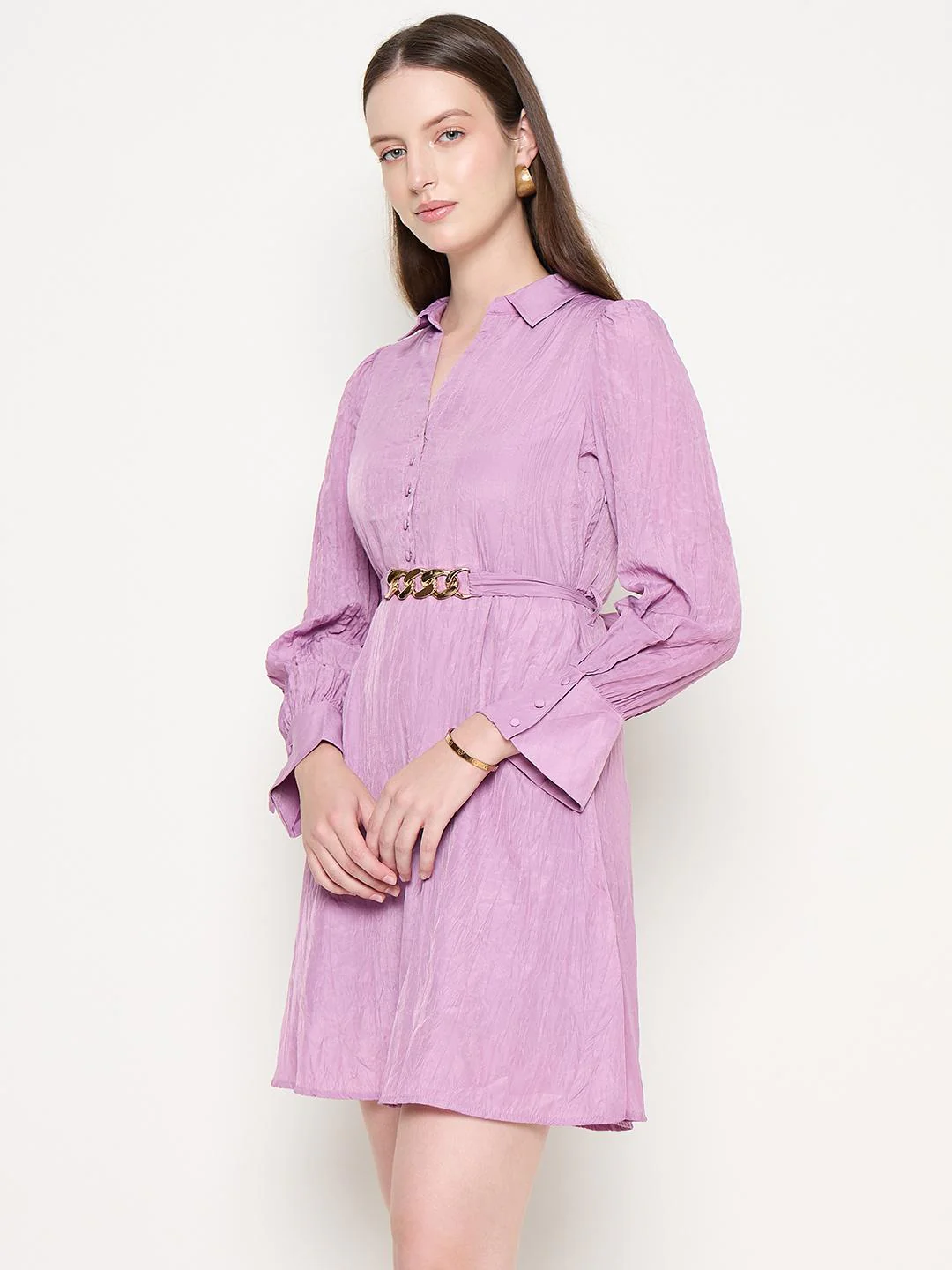 Madame Flounce Sleeved Belted Mauve Mini Dress - Image 4