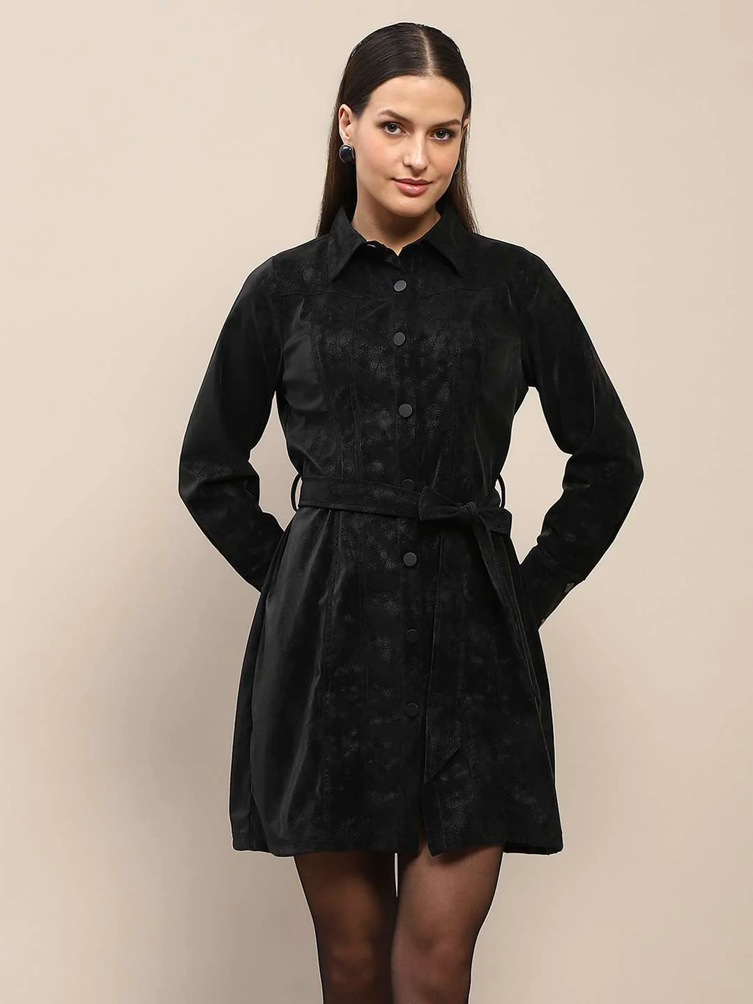 Madame Belted Button Down Black Mini Shirt Dress - Image 3