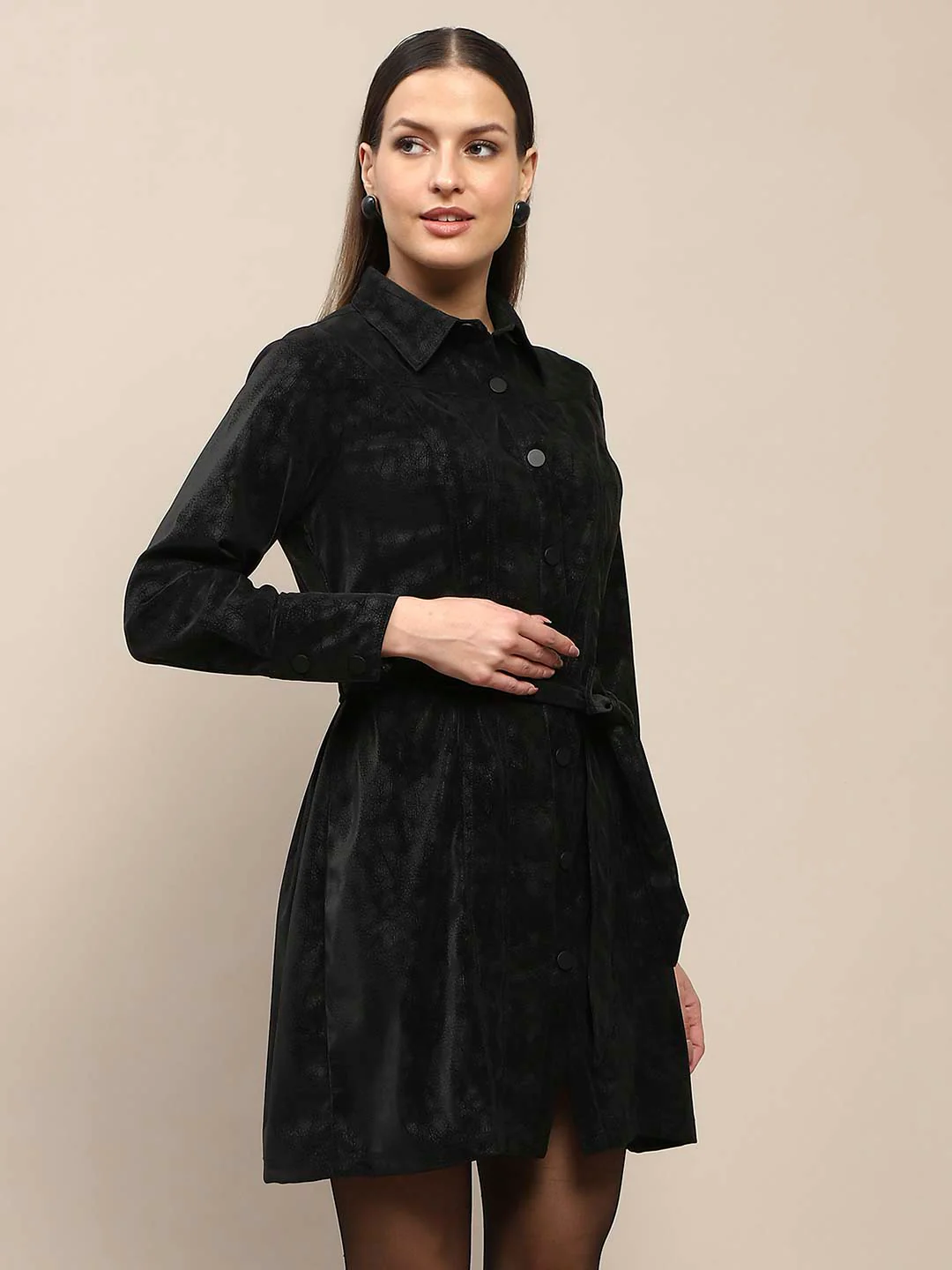 Madame Belted Button Down Black Mini Shirt Dress - Image 4