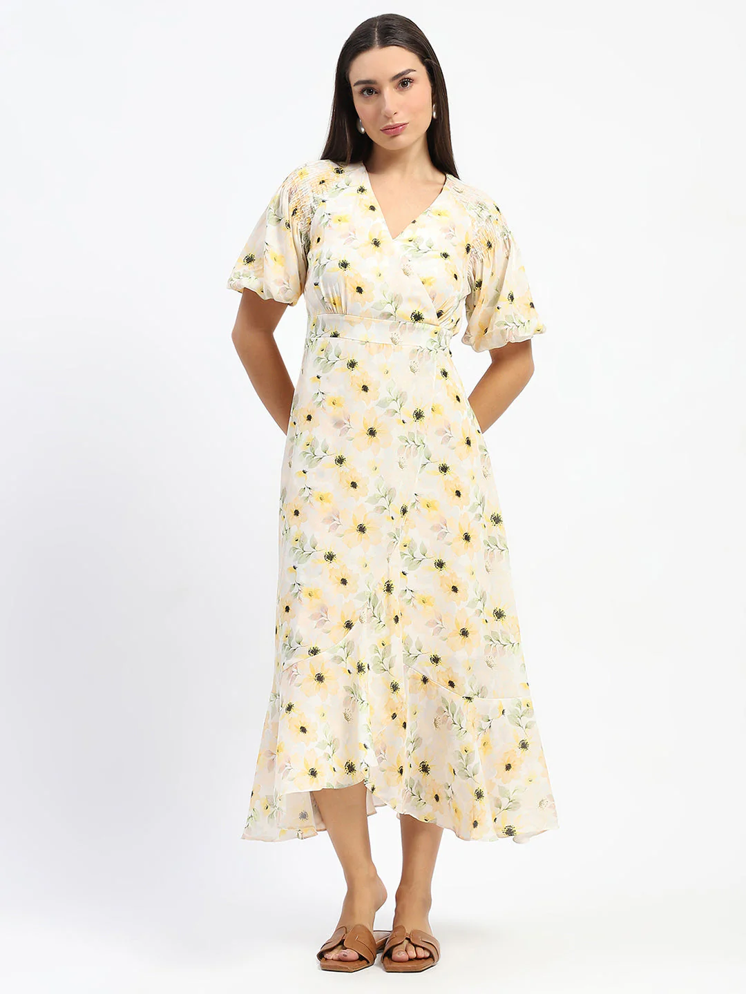 Madame Floral Print Wrap Detailed Yellow Maxi Dress - Image 3