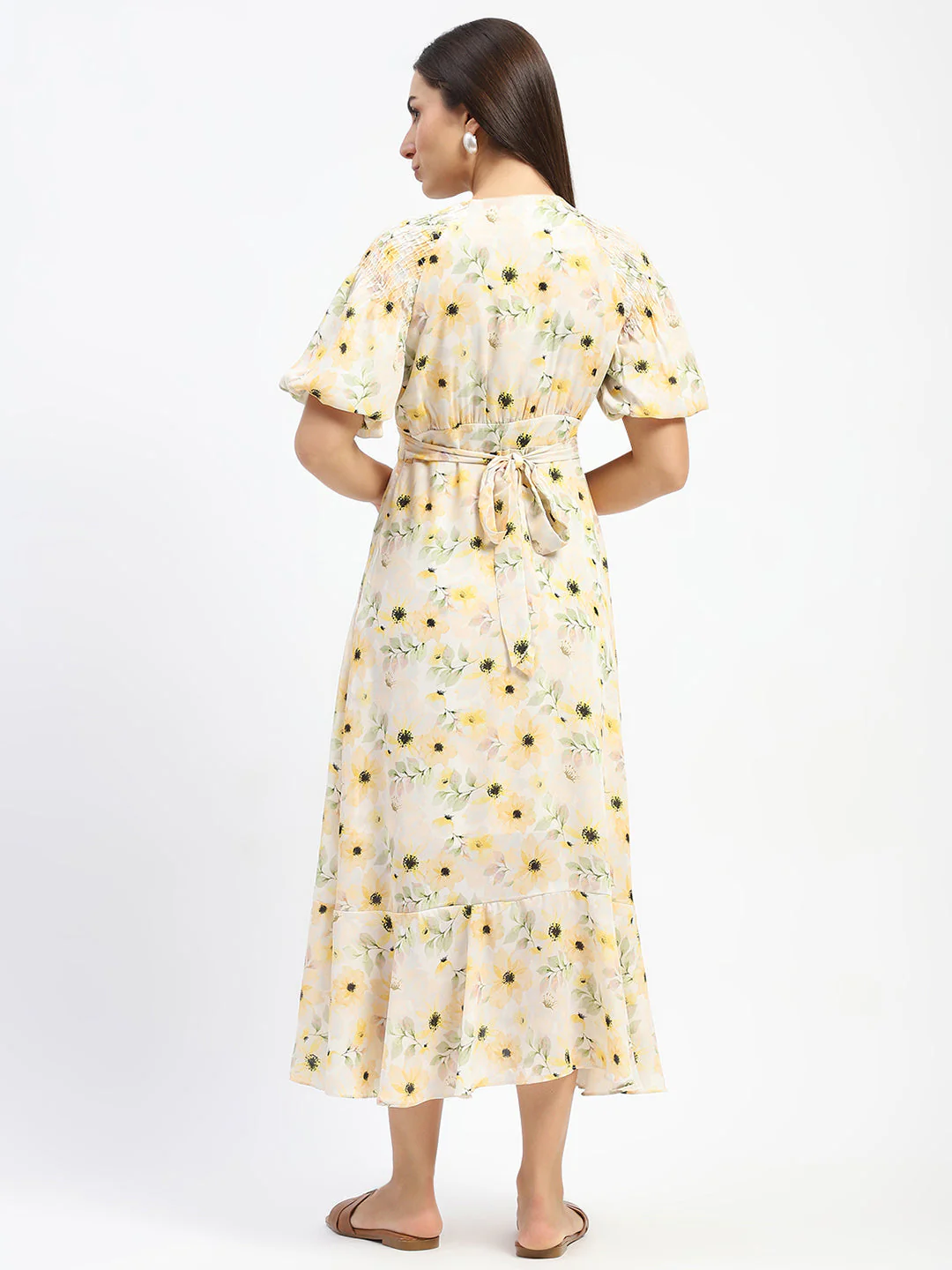 Madame Floral Print Wrap Detailed Yellow Maxi Dress - Image 6