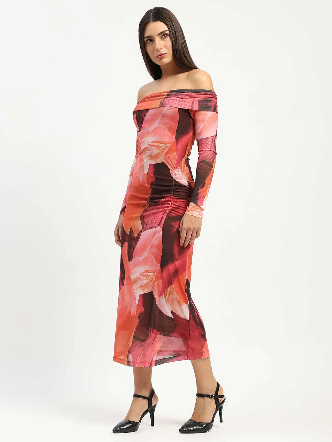 Madame Abstract Print Off Shoulder Semi Sheer Orange Maxi Dress - Image 2