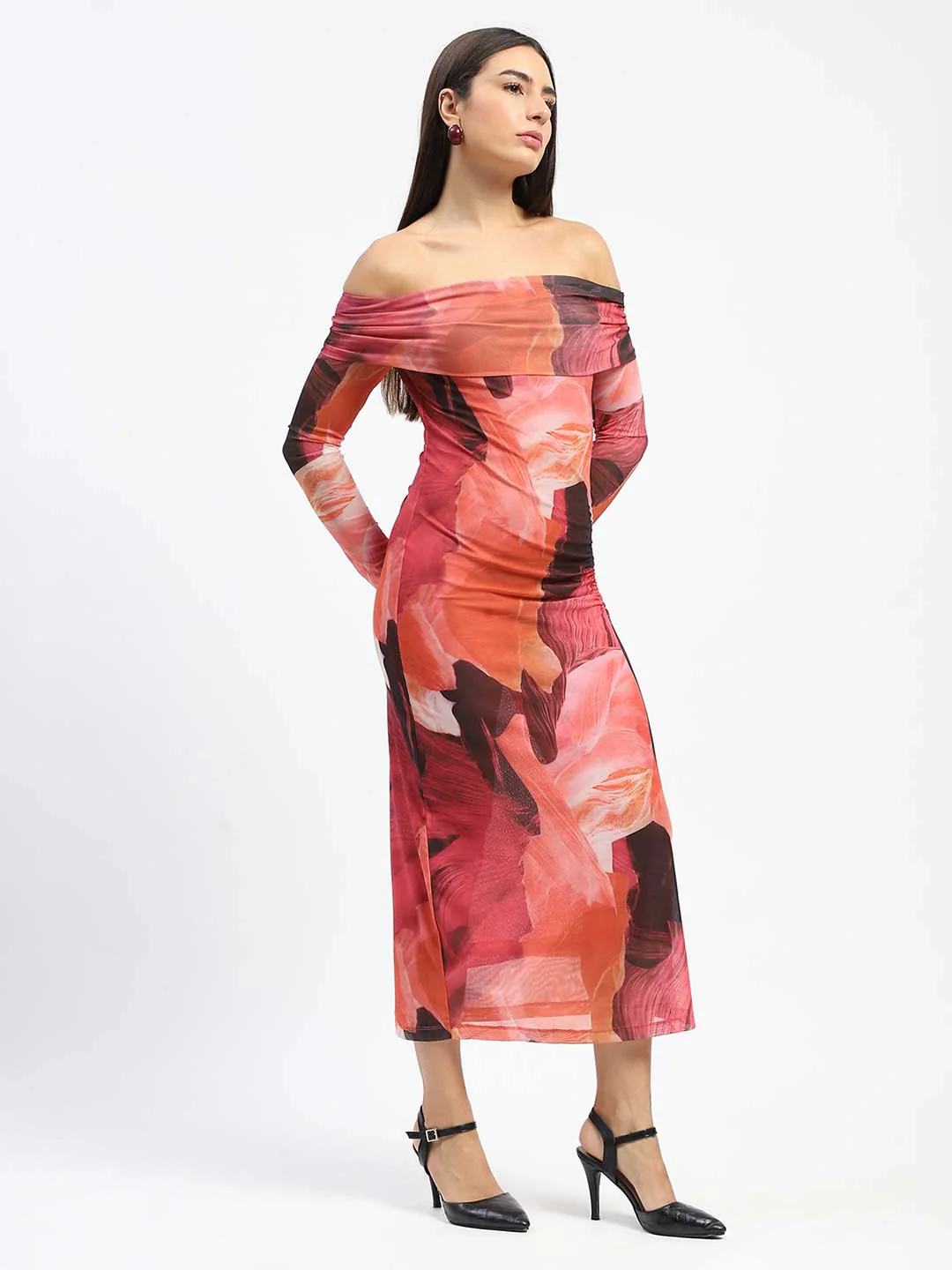 Madame Abstract Print Off Shoulder Semi Sheer Orange Maxi Dress - Image 3