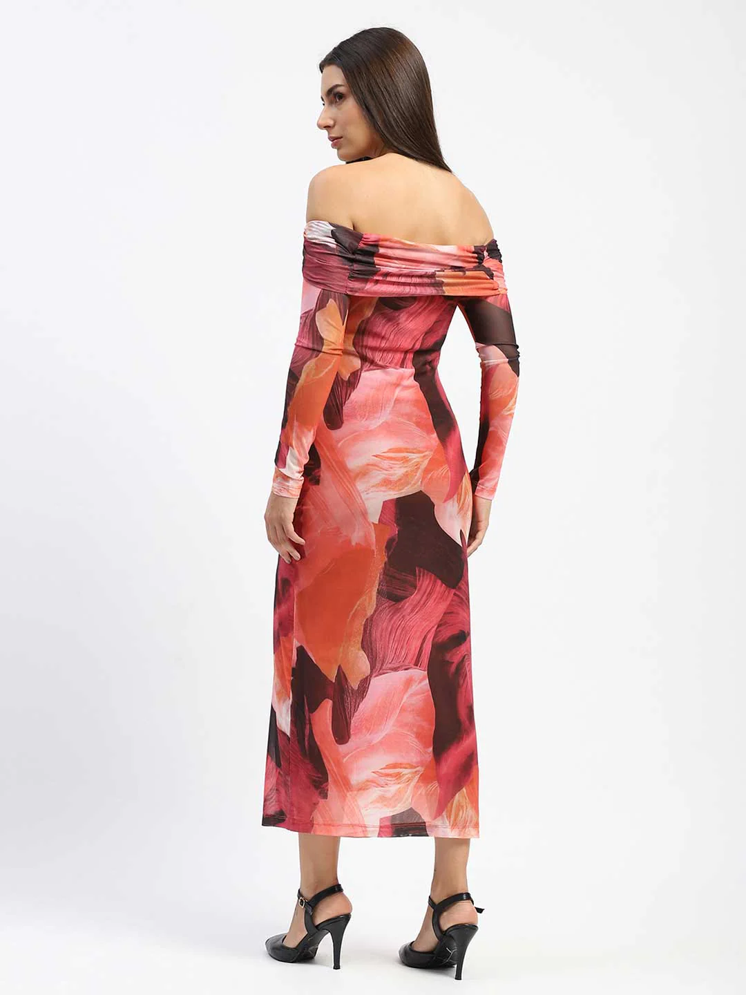 Madame Abstract Print Off Shoulder Semi Sheer Orange Maxi Dress - Image 4