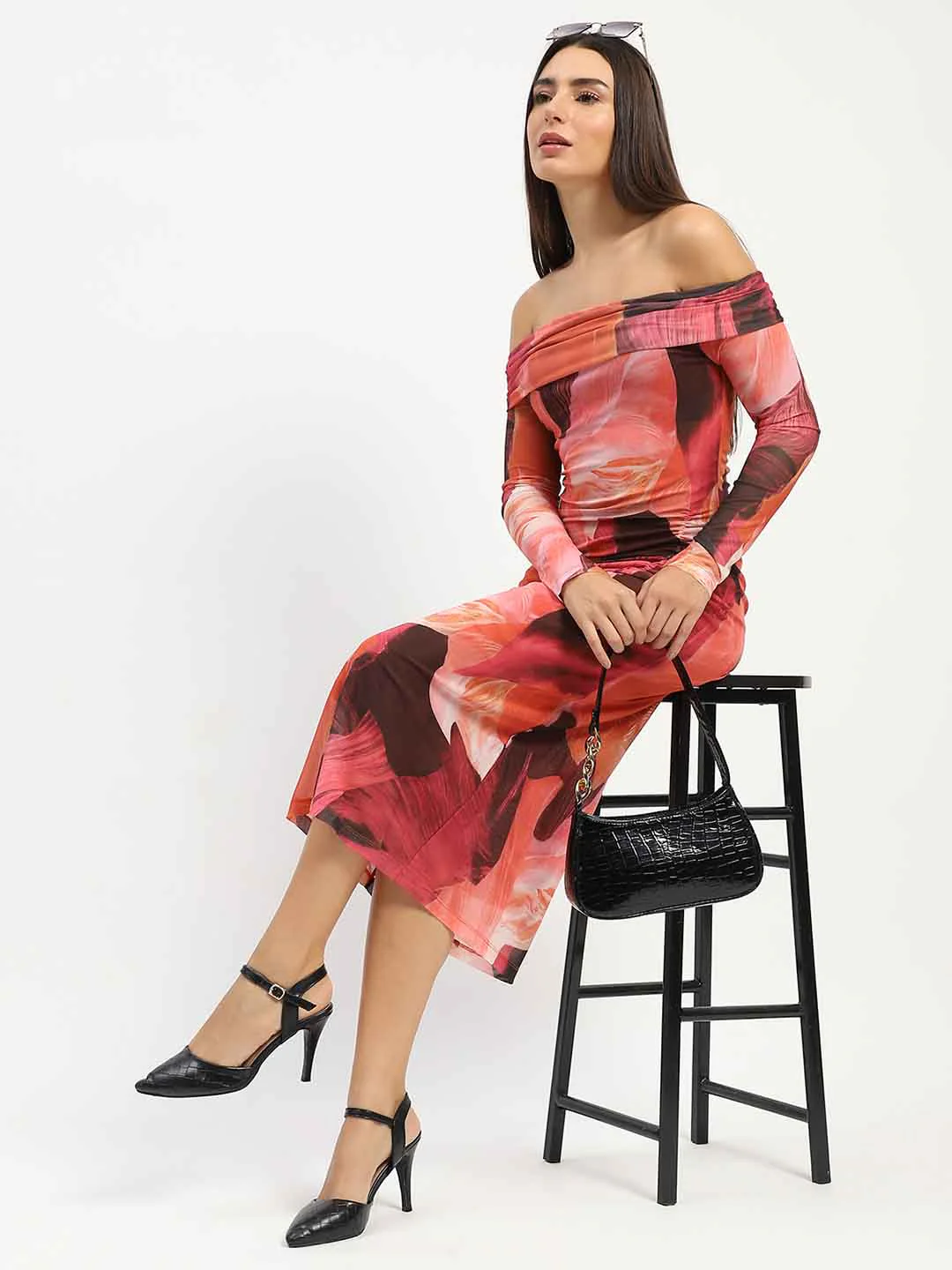Madame Abstract Print Off Shoulder Semi Sheer Orange Maxi Dress - Image 5