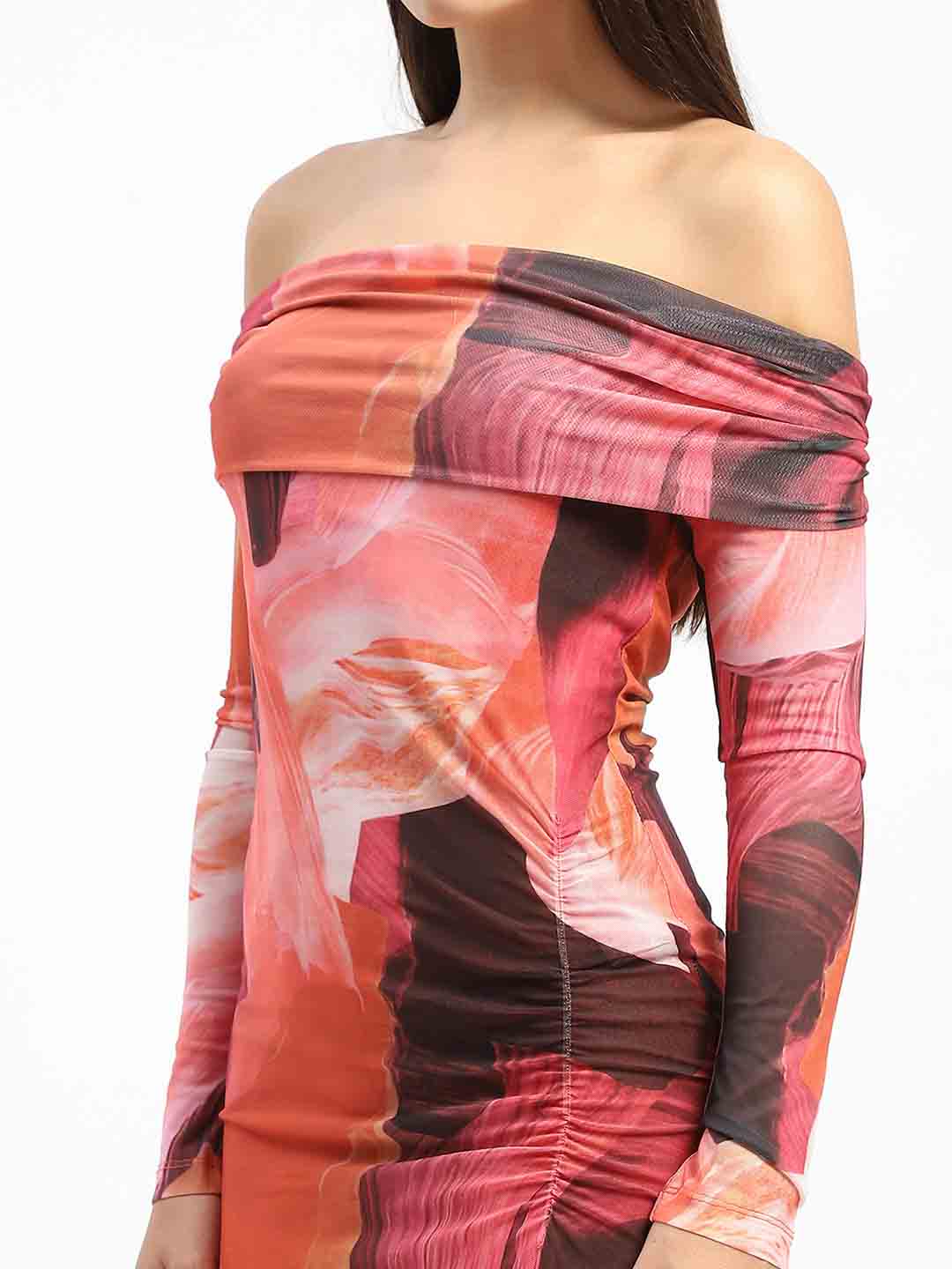 Madame Abstract Print Off Shoulder Semi Sheer Orange Maxi Dress - Image 7