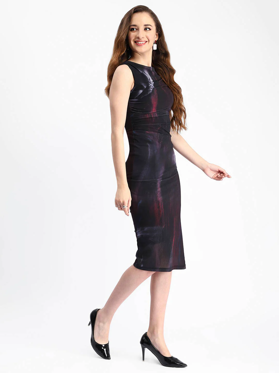 Madame Black Bodycon Abstract Print Ruched Midi Mesh Dress - Image 3