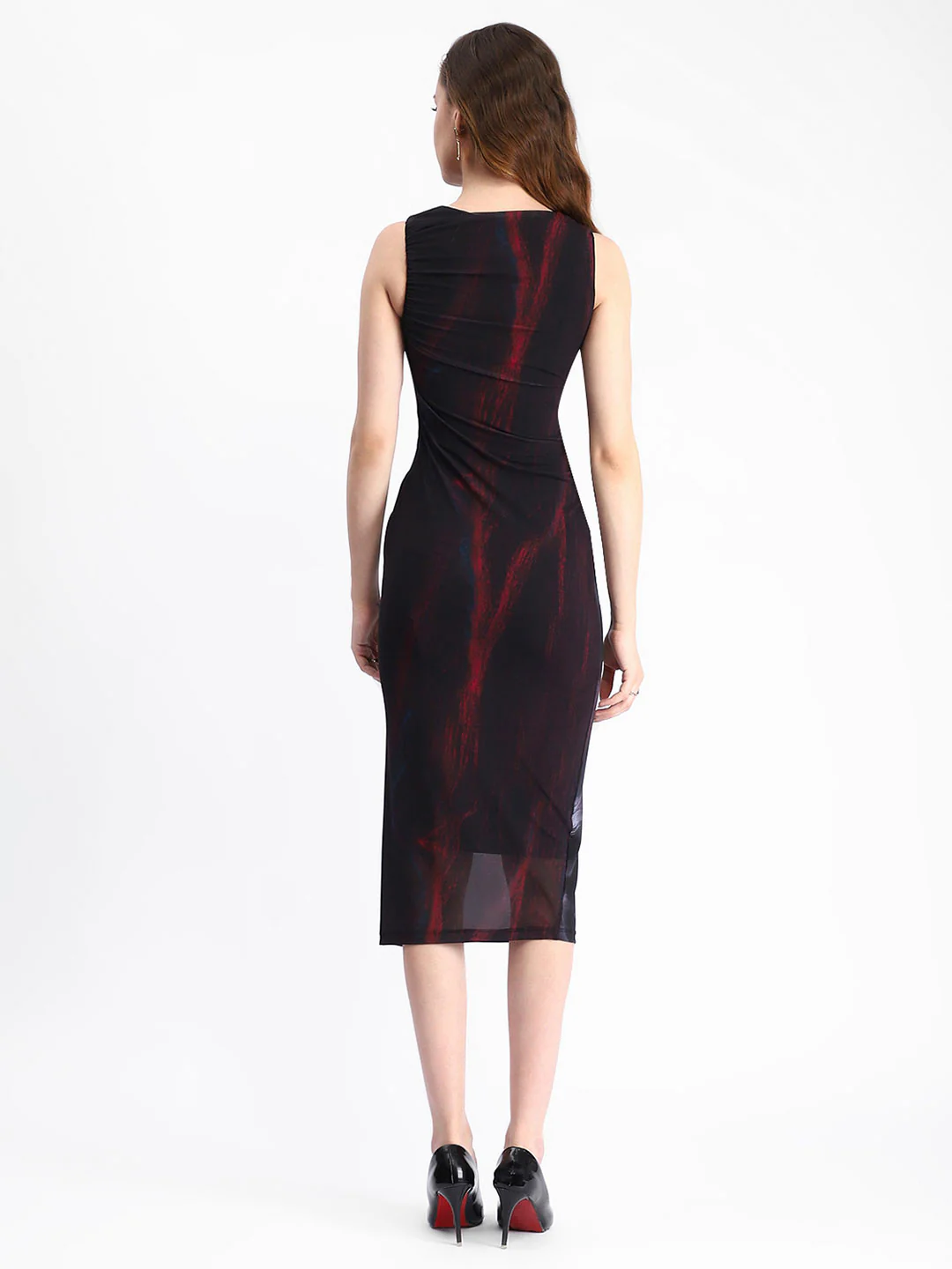 Madame Black Bodycon Abstract Print Ruched Midi Mesh Dress - Image 4