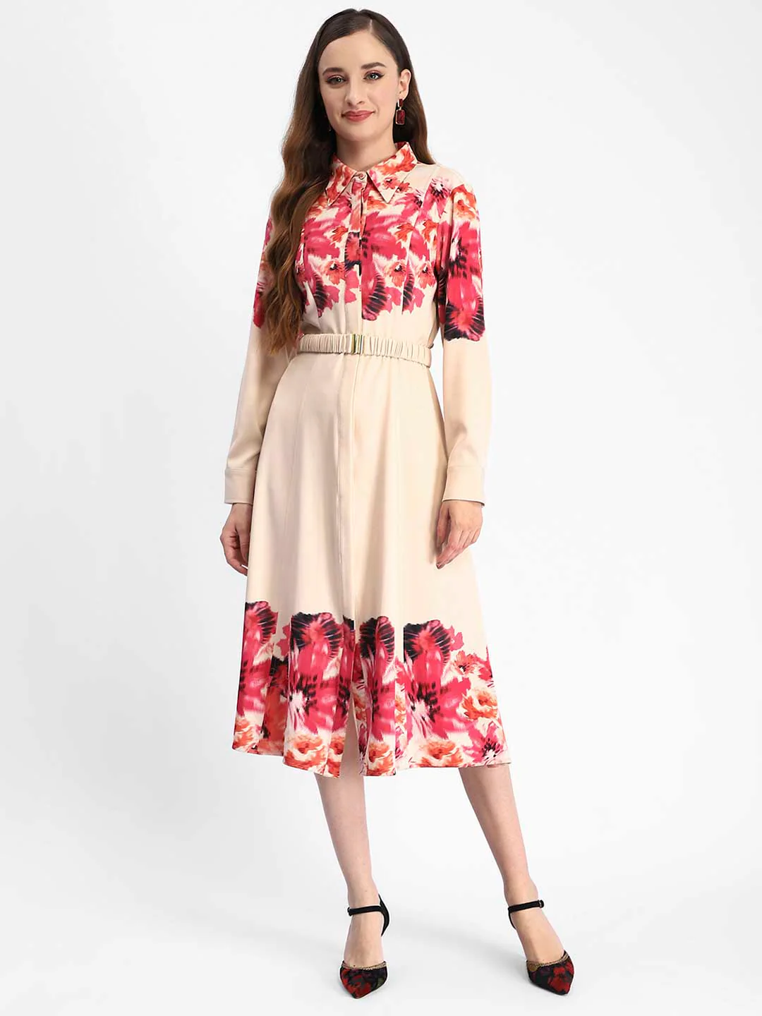 Madame Floral Printed Button Down Shirt A-Line Dress - Image 3