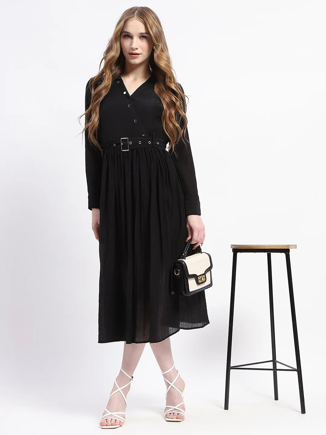 Madame Pleated Cotton Blend Black Shirt Dress - Image 2