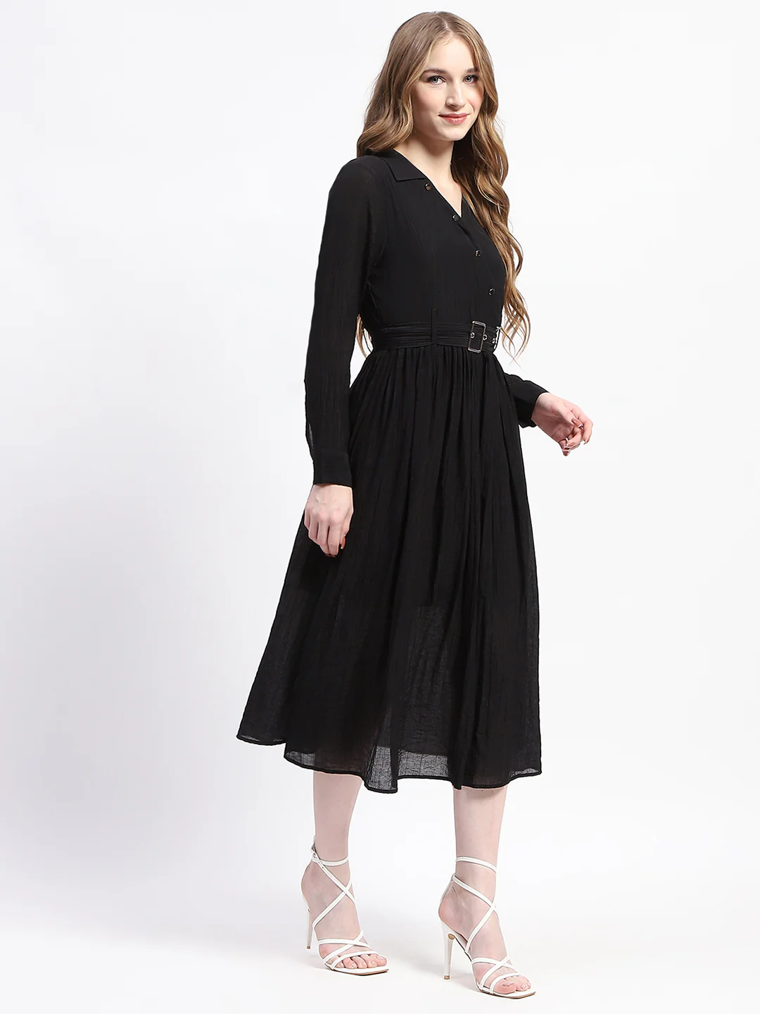 Madame Pleated Cotton Blend Black Shirt Dress - Image 3