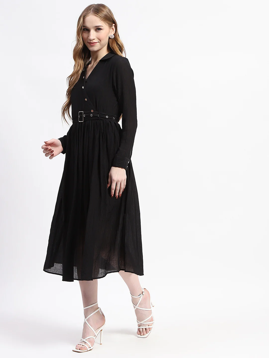 Madame Pleated Cotton Blend Black Shirt Dress - Image 4