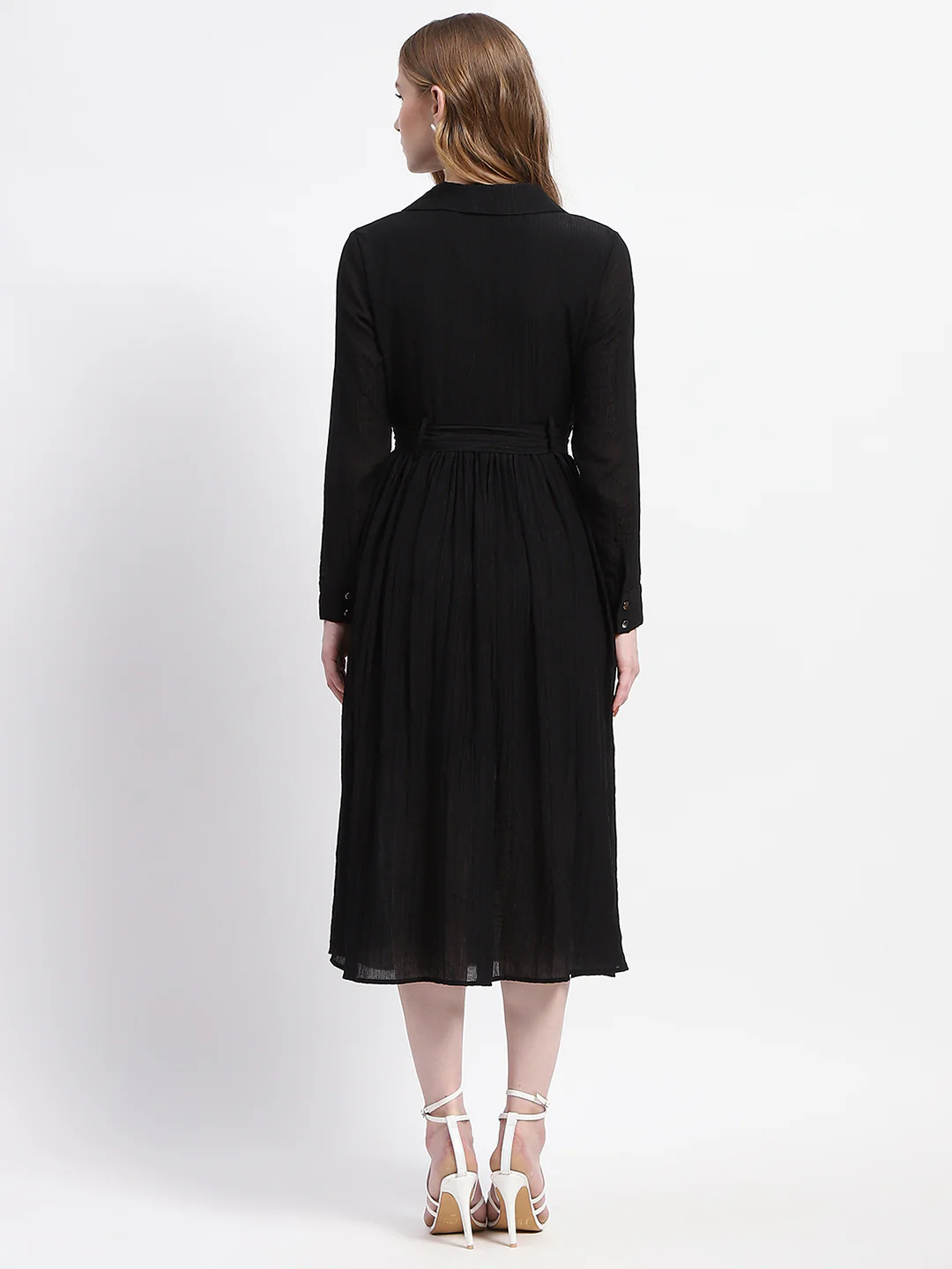 Madame Pleated Cotton Blend Black Shirt Dress - Image 5