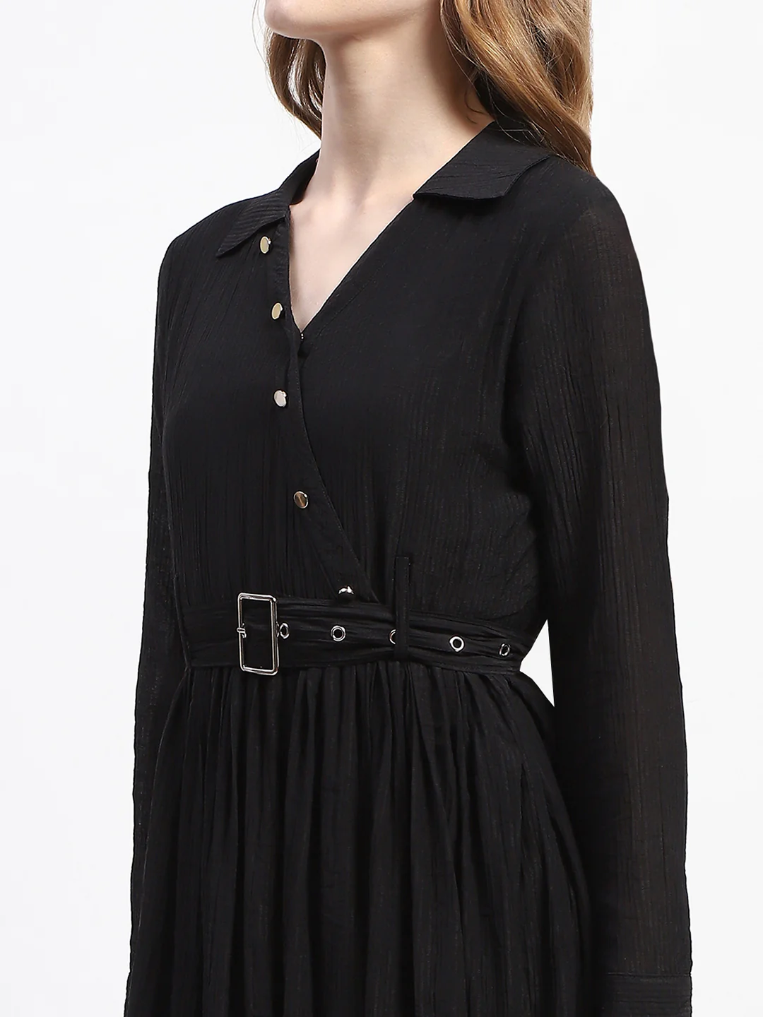 Madame Pleated Cotton Blend Black Shirt Dress - Image 6