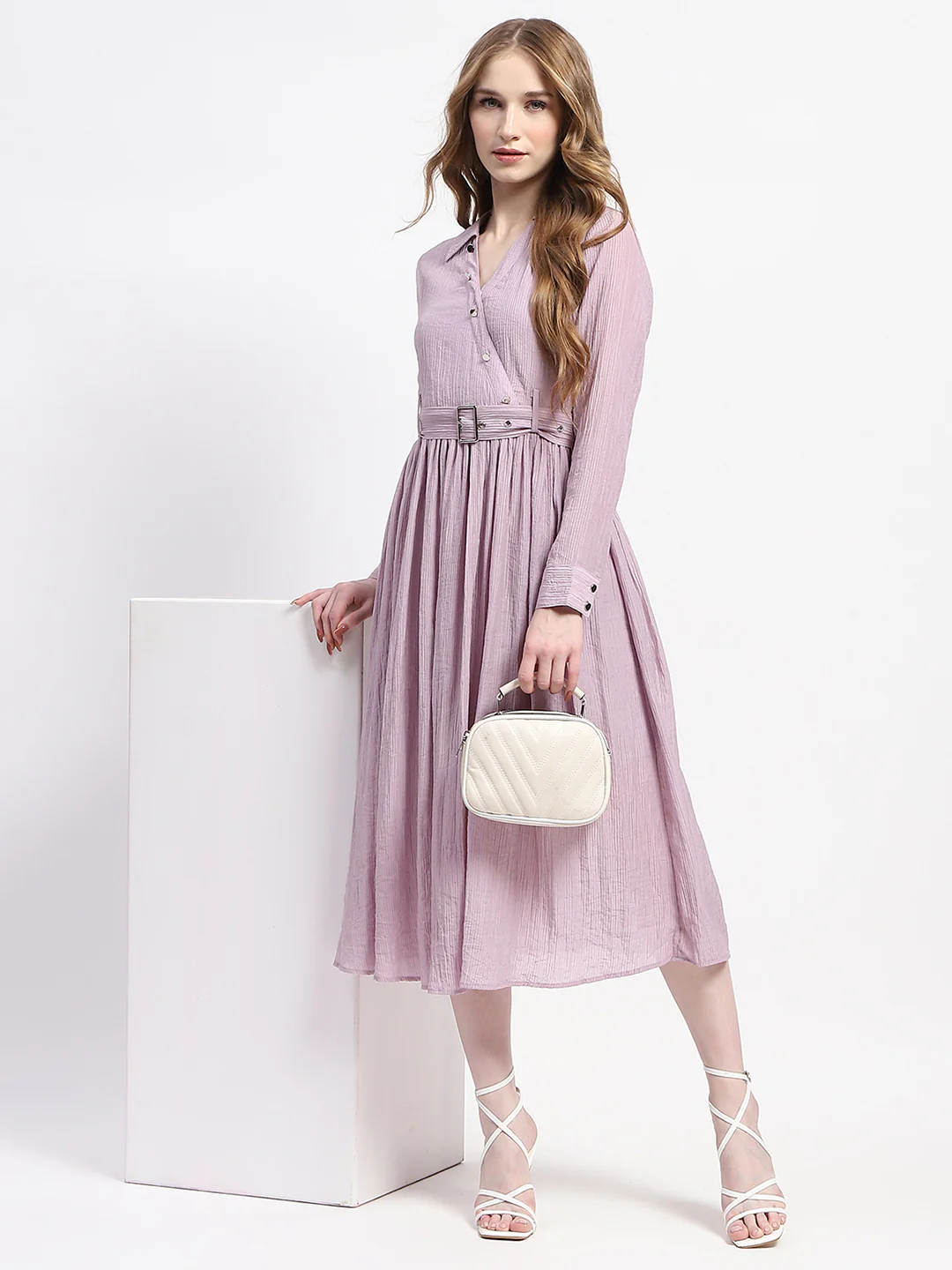 Madame Pleated Cotton Blend Mauve Shirt Dress - Image 2