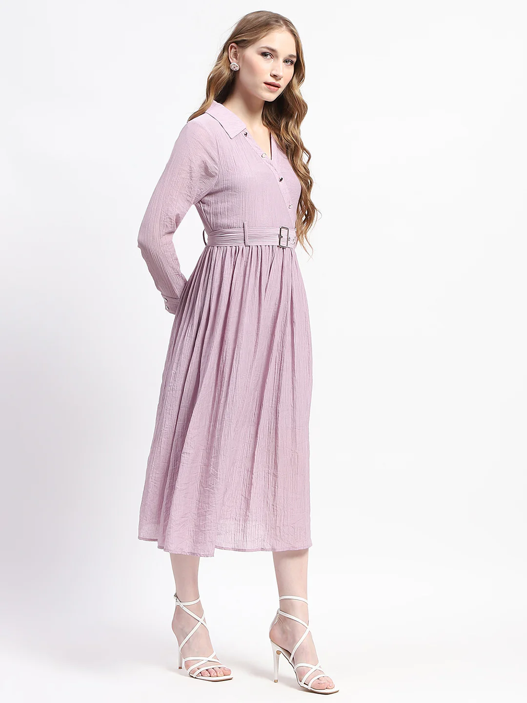 Madame Pleated Cotton Blend Mauve Shirt Dress - Image 3