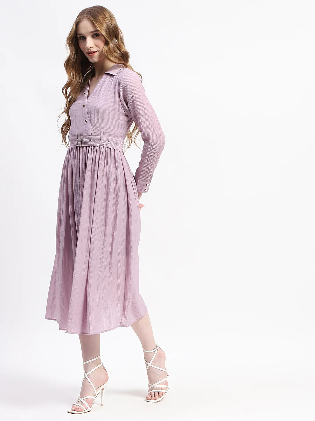 Madame Pleated Cotton Blend Mauve Shirt Dress - Image 4