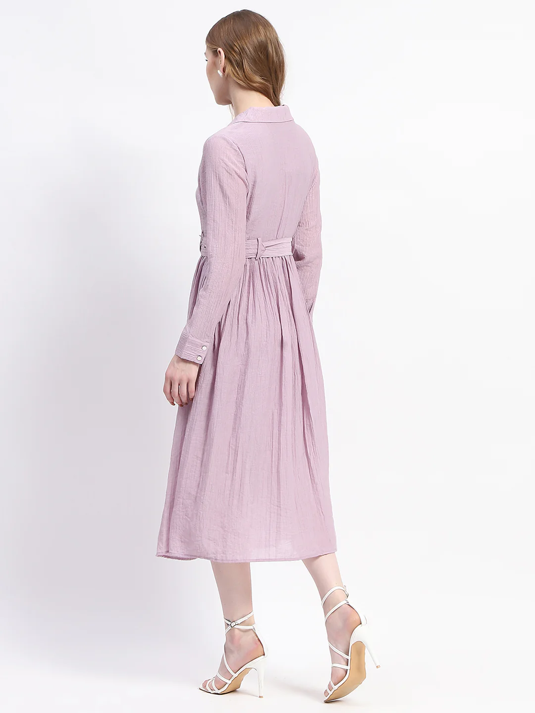 Madame Pleated Cotton Blend Mauve Shirt Dress - Image 5