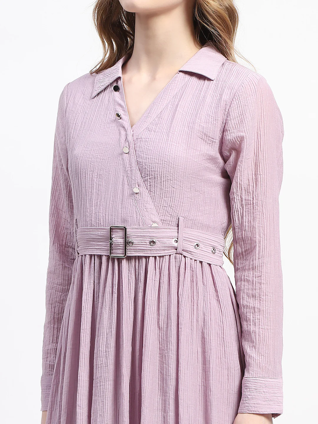 Madame Pleated Cotton Blend Mauve Shirt Dress - Image 6