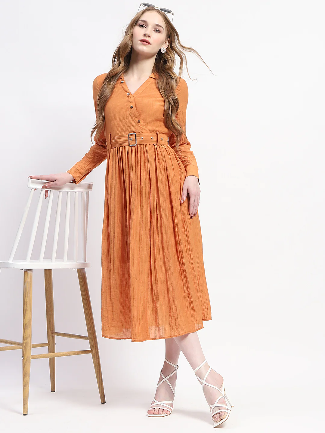 Madame Pleated Cotton Blend Orange Shirt Dress - Image 2