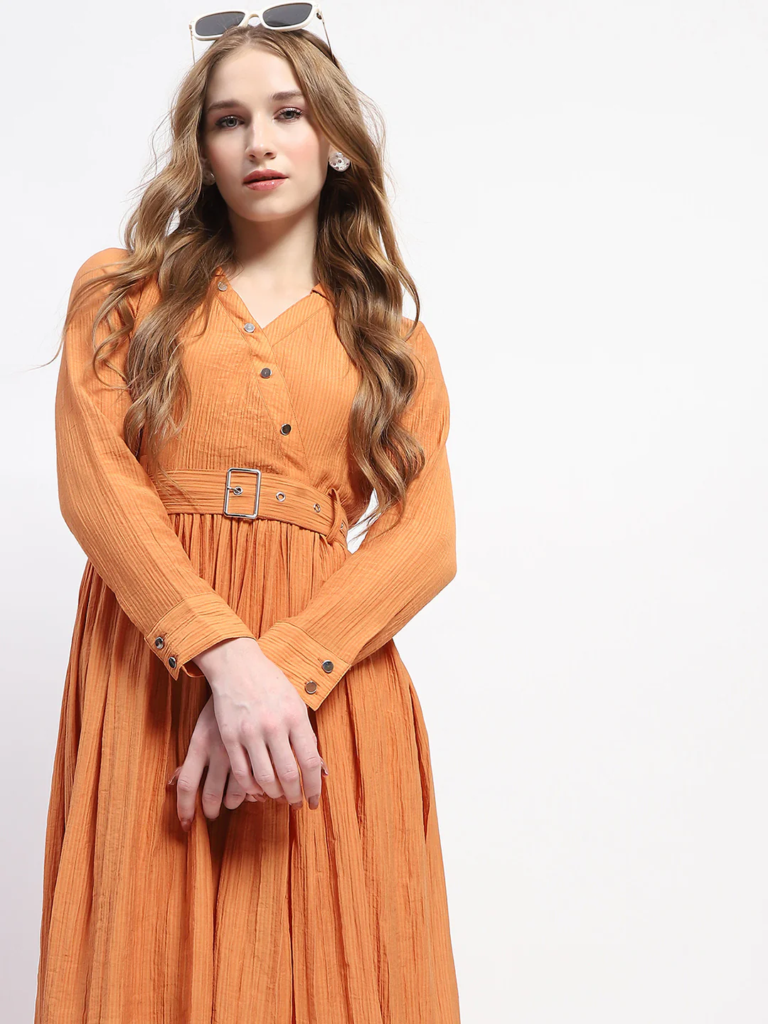 Madame Pleated Cotton Blend Orange Shirt Dress - Image 3