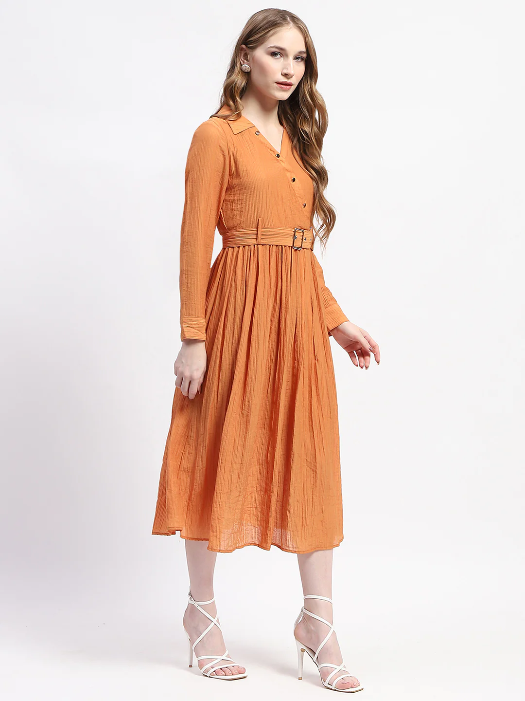 Madame Pleated Cotton Blend Orange Shirt Dress - Image 4