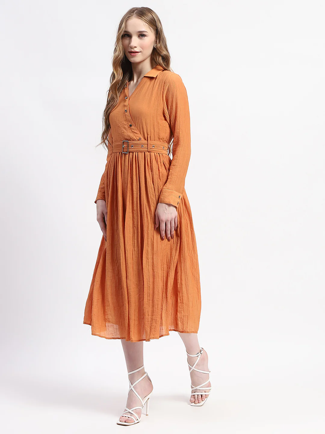 Madame Pleated Cotton Blend Orange Shirt Dress - Image 5