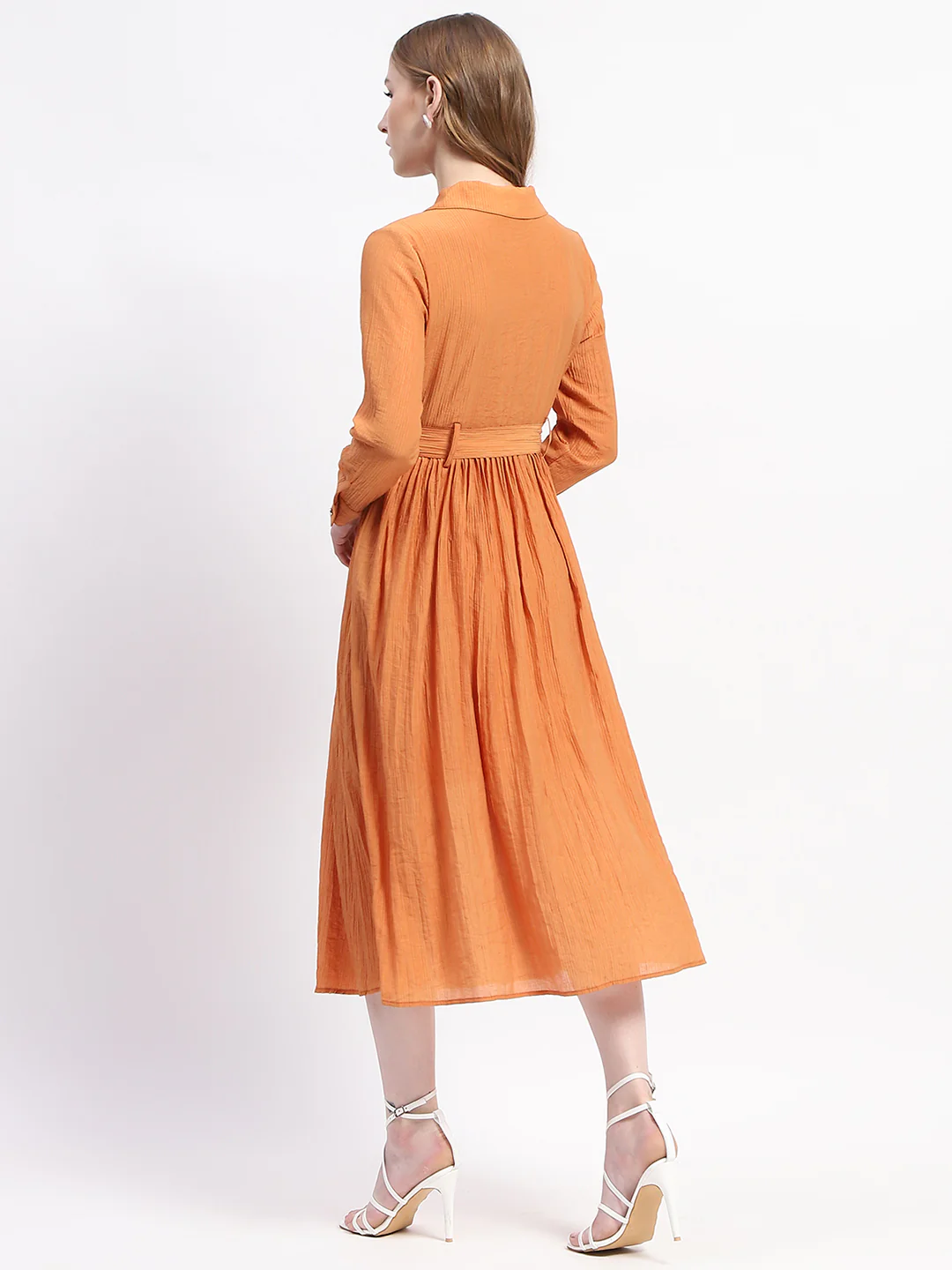 Madame Pleated Cotton Blend Orange Shirt Dress - Image 6