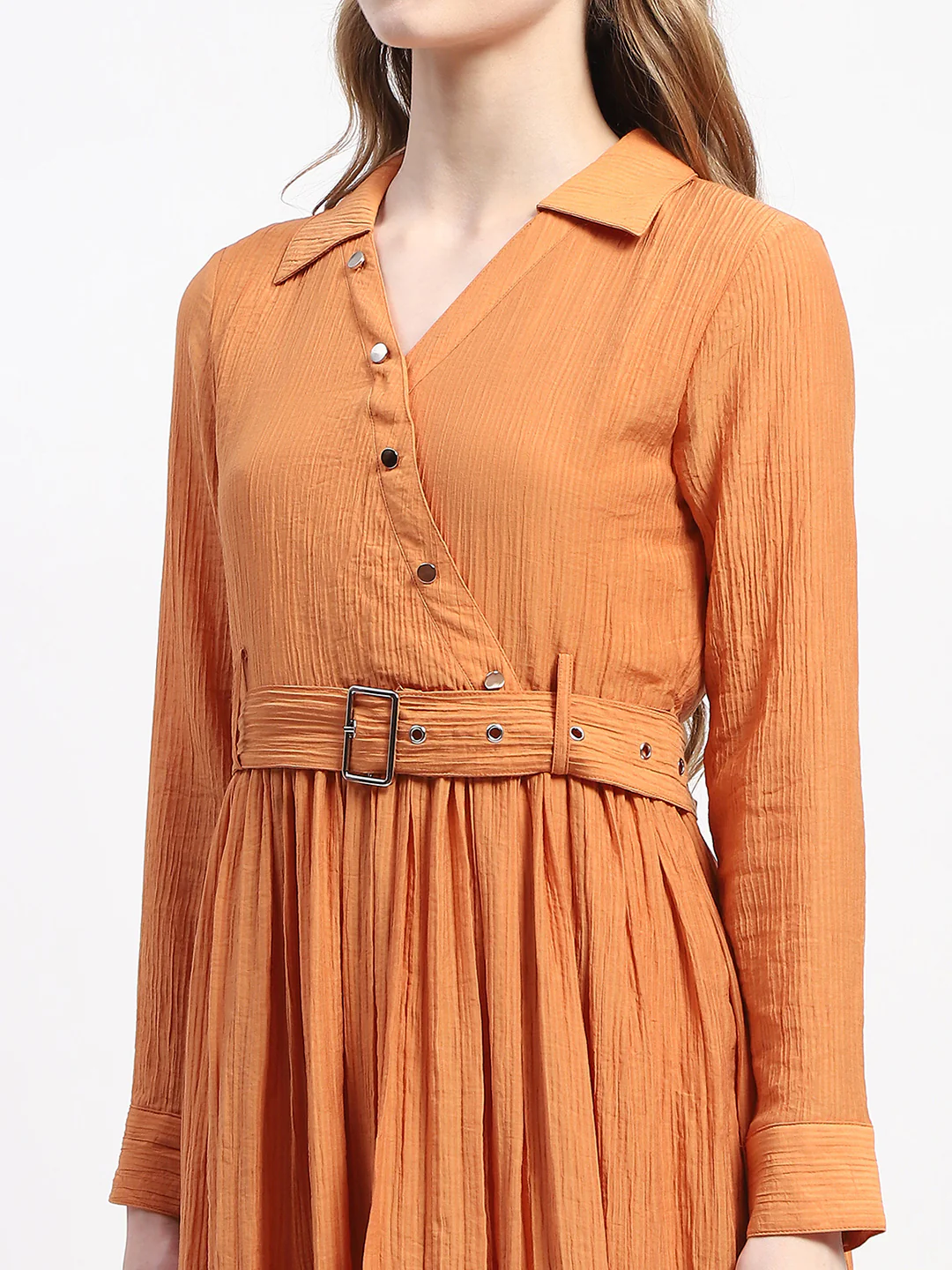 Madame Pleated Cotton Blend Orange Shirt Dress - Image 7