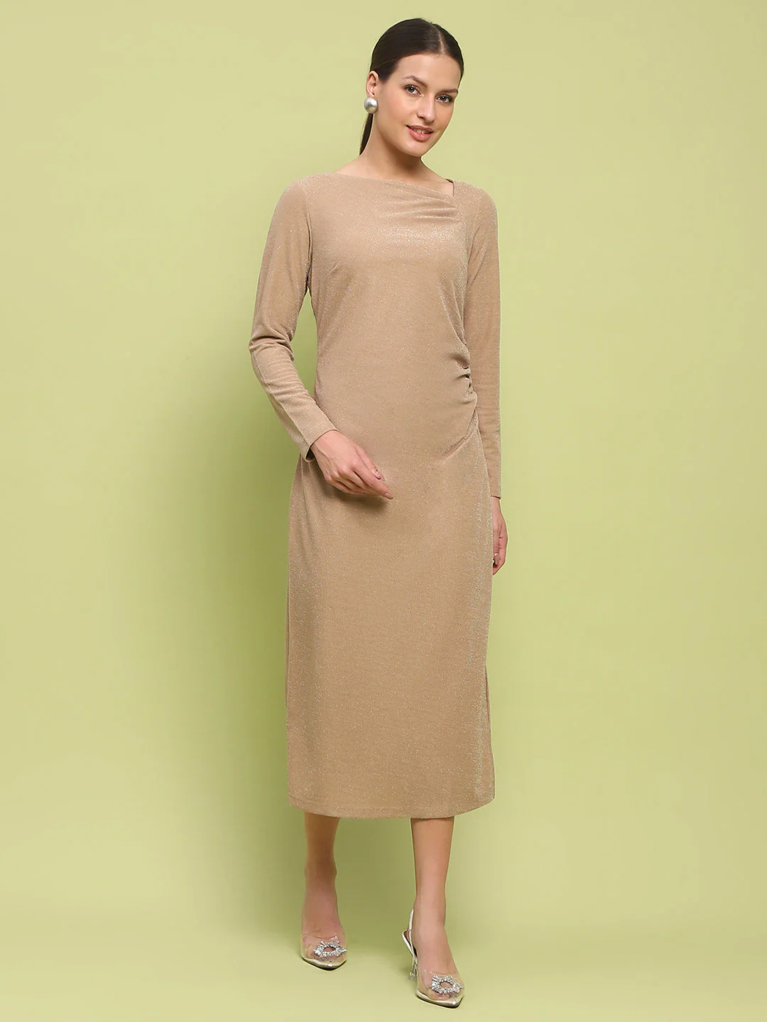 Madame Front Ruched Self Design Golden Knit Maxi Dress - Image 3