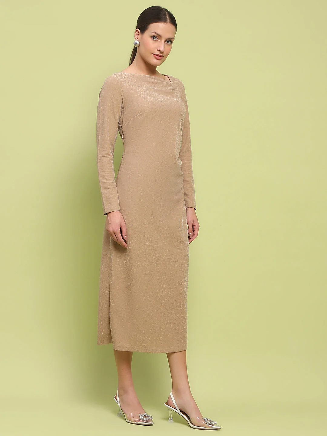 Madame Front Ruched Self Design Golden Knit Maxi Dress - Image 4