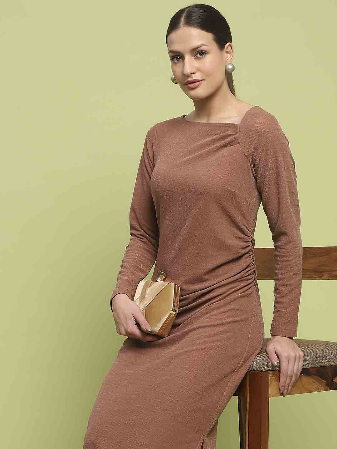 Madame Front Ruched Self Design Rust Red Knit Maxi Dress - Image 2