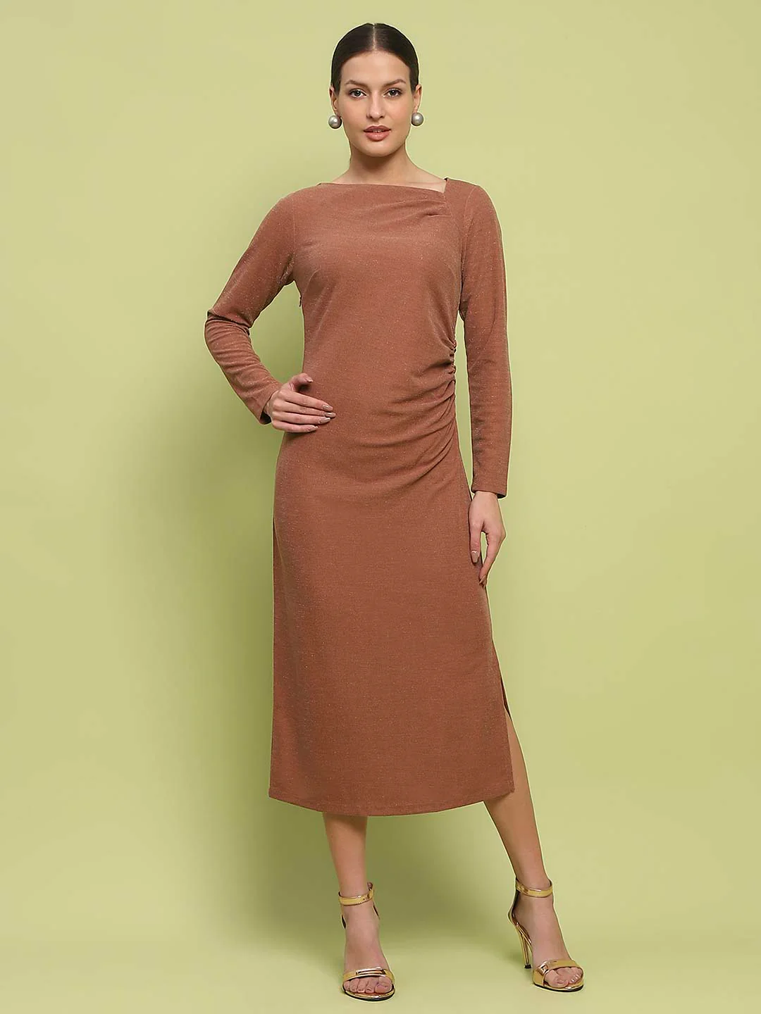 Madame Front Ruched Self Design Rust Red Knit Maxi Dress - Image 3