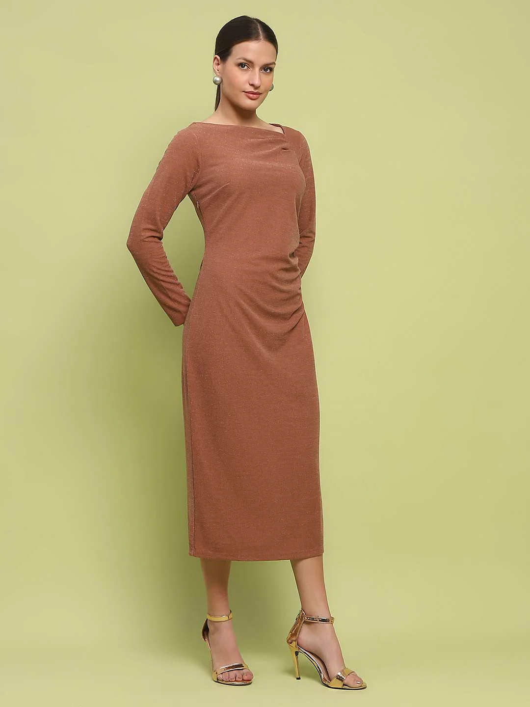 Madame Front Ruched Self Design Rust Red Knit Maxi Dress - Image 4