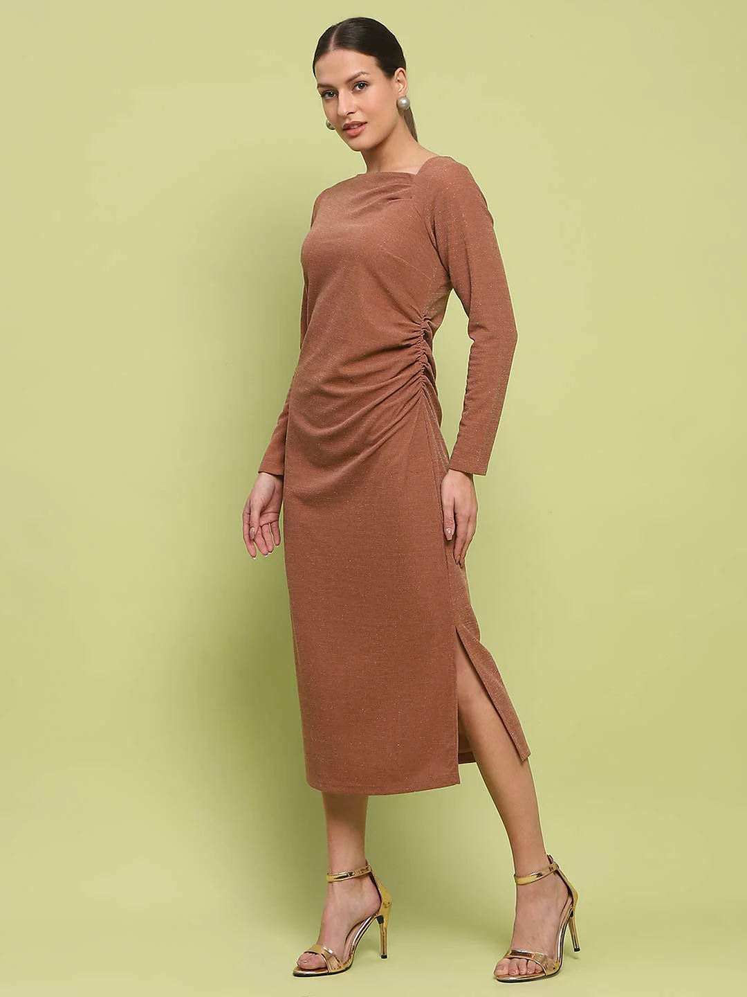 Madame Front Ruched Self Design Rust Red Knit Maxi Dress - Image 5