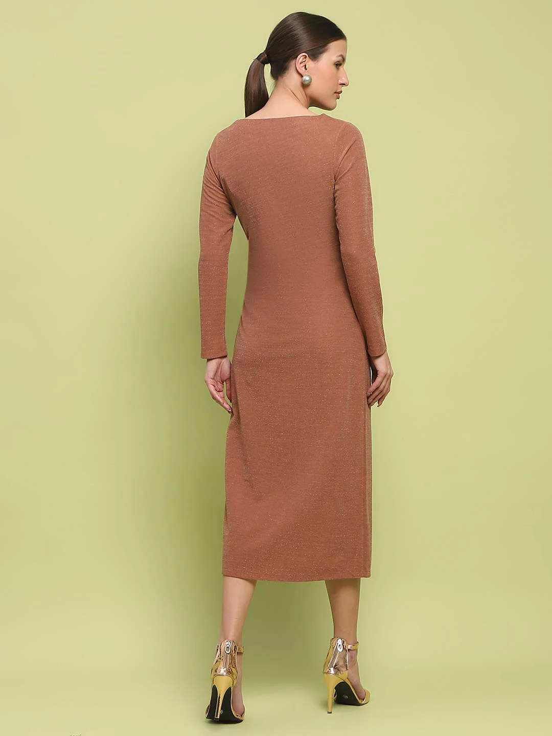 Madame Front Ruched Self Design Rust Red Knit Maxi Dress - Image 6
