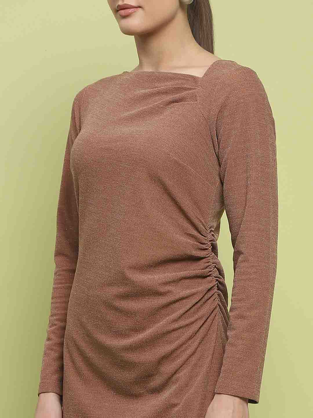 Madame Front Ruched Self Design Rust Red Knit Maxi Dress - Image 7