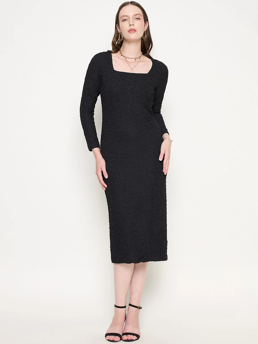 Madame Self Design Black Sheath Waffle Dress - Image 2