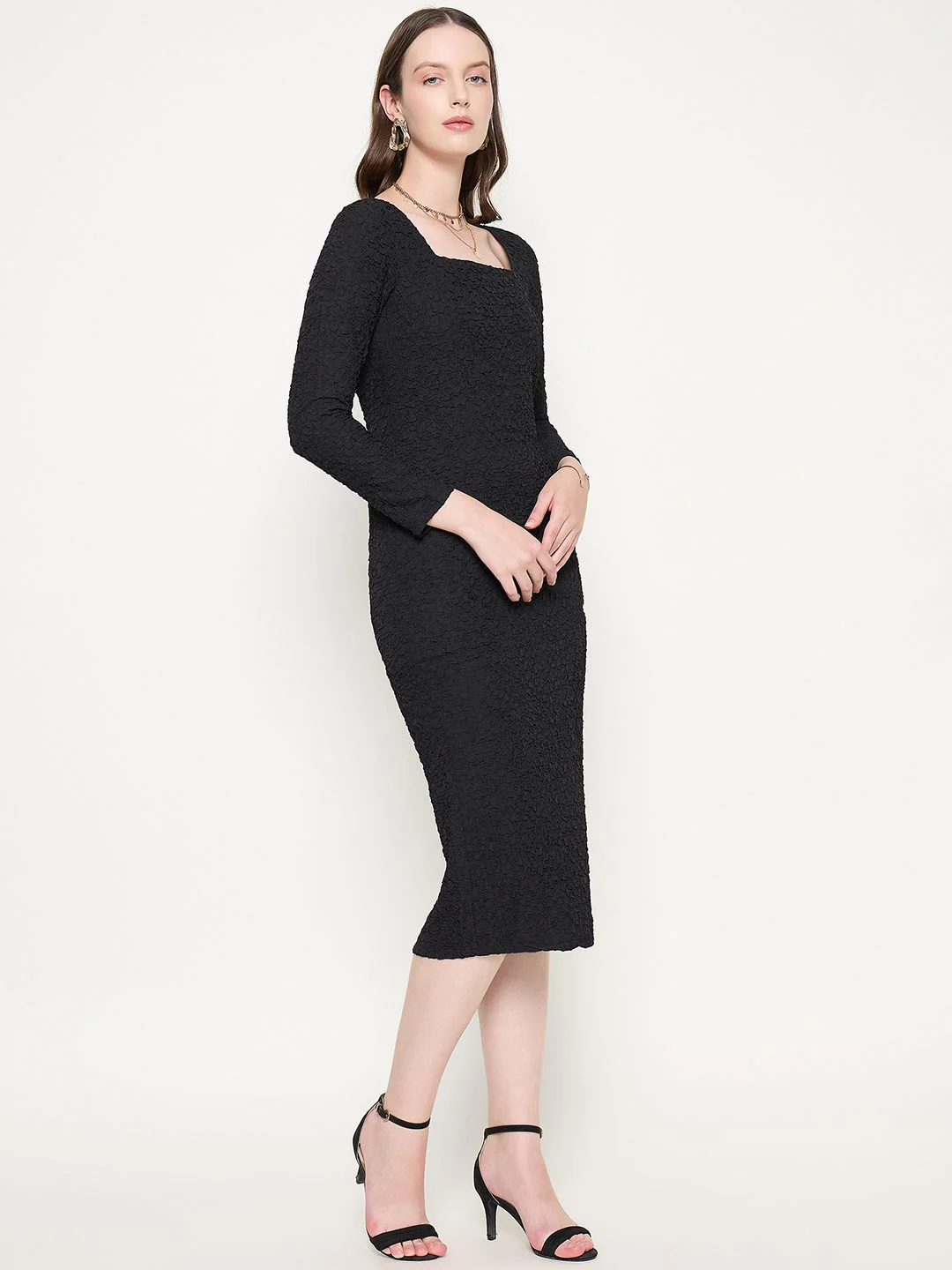 Madame Self Design Black Sheath Waffle Dress - Image 3