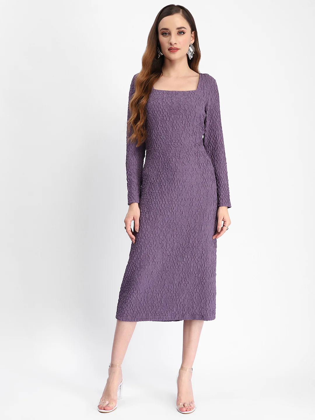 Madame Self Design Purple Midi Sheath Waffle Dress - Image 2