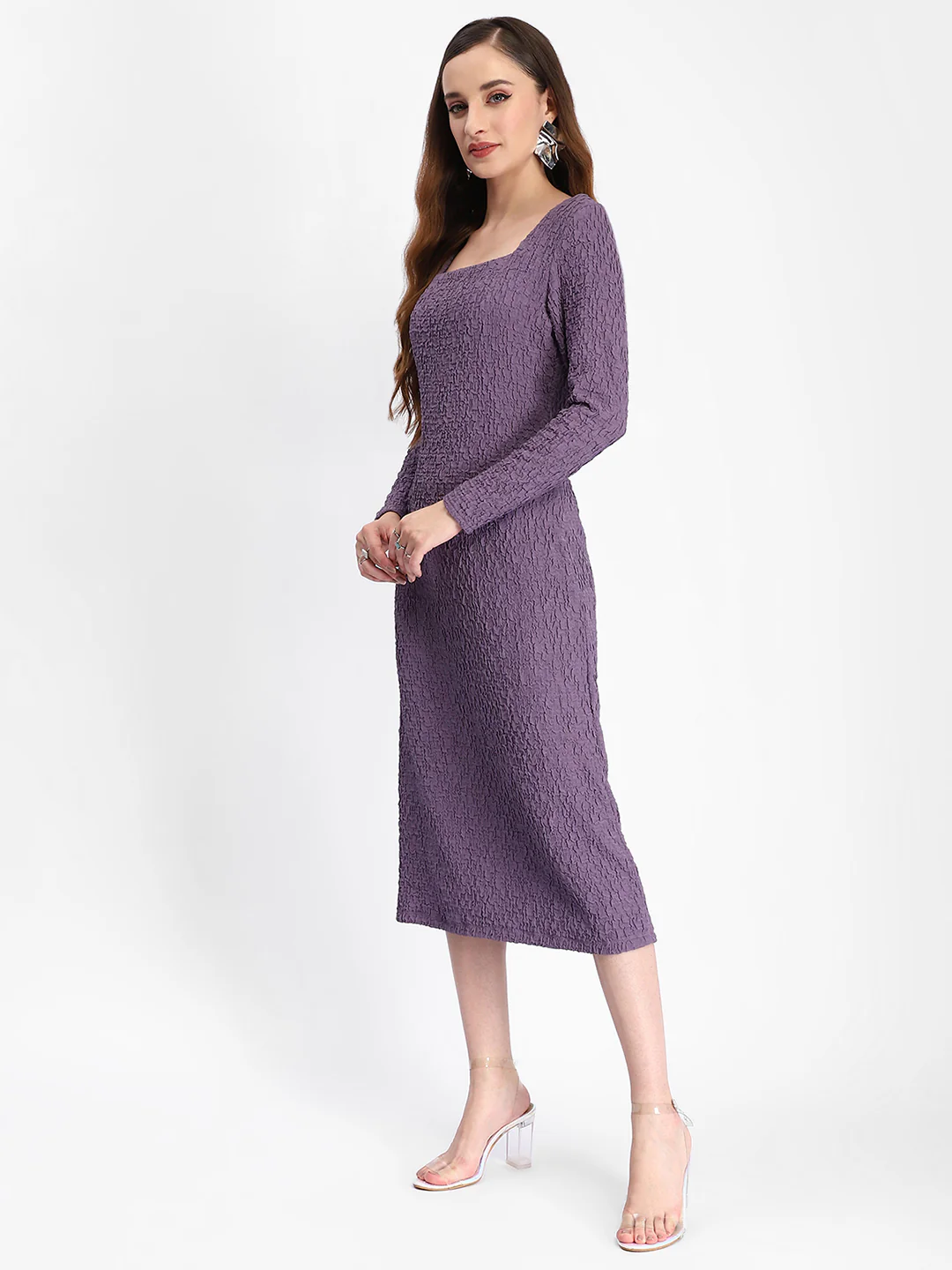 Madame Self Design Purple Midi Sheath Waffle Dress - Image 3