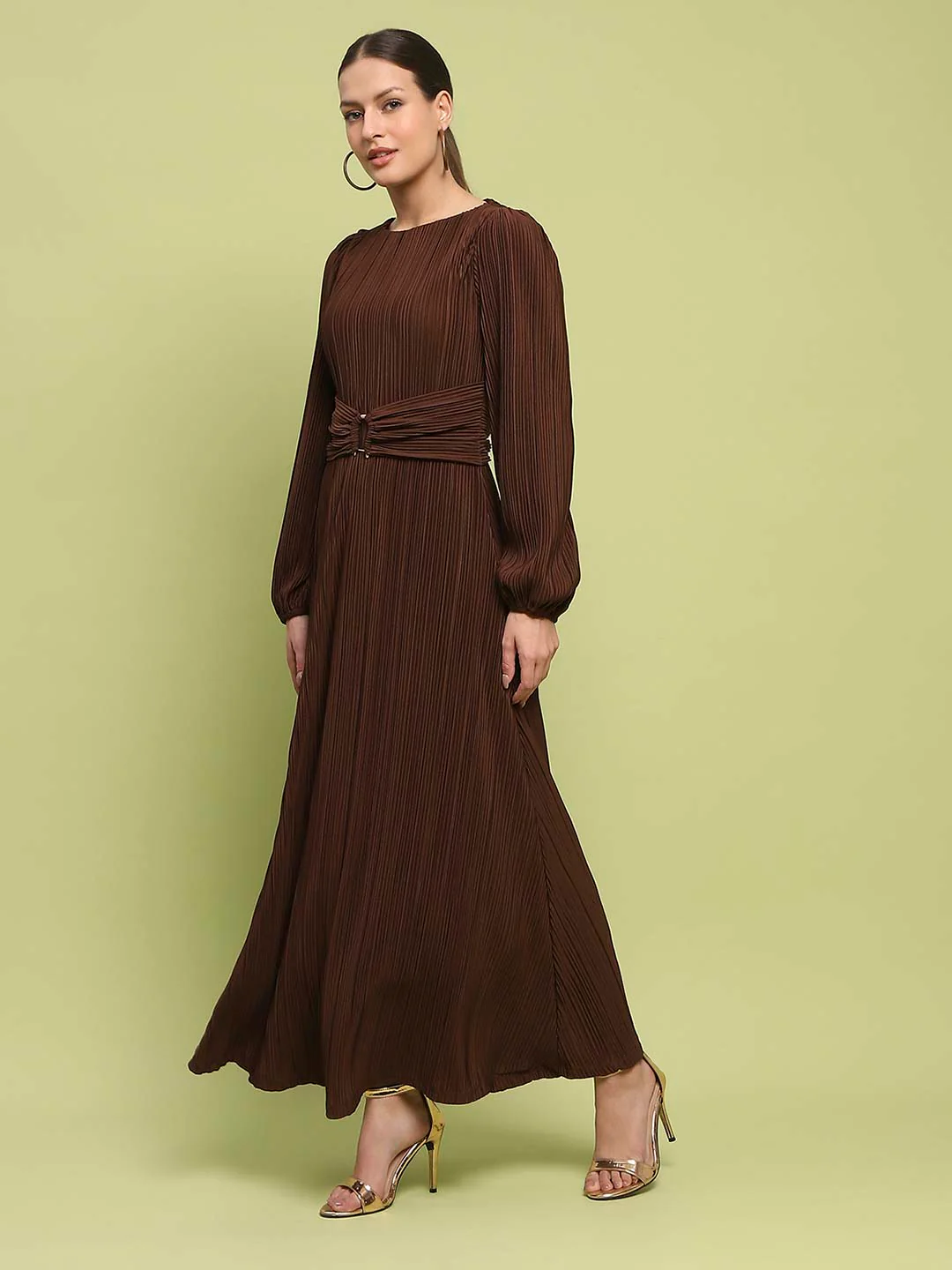 Madame Pleated Front Buckle Detailed Solid Chocolate Maxi Dress - Image 5